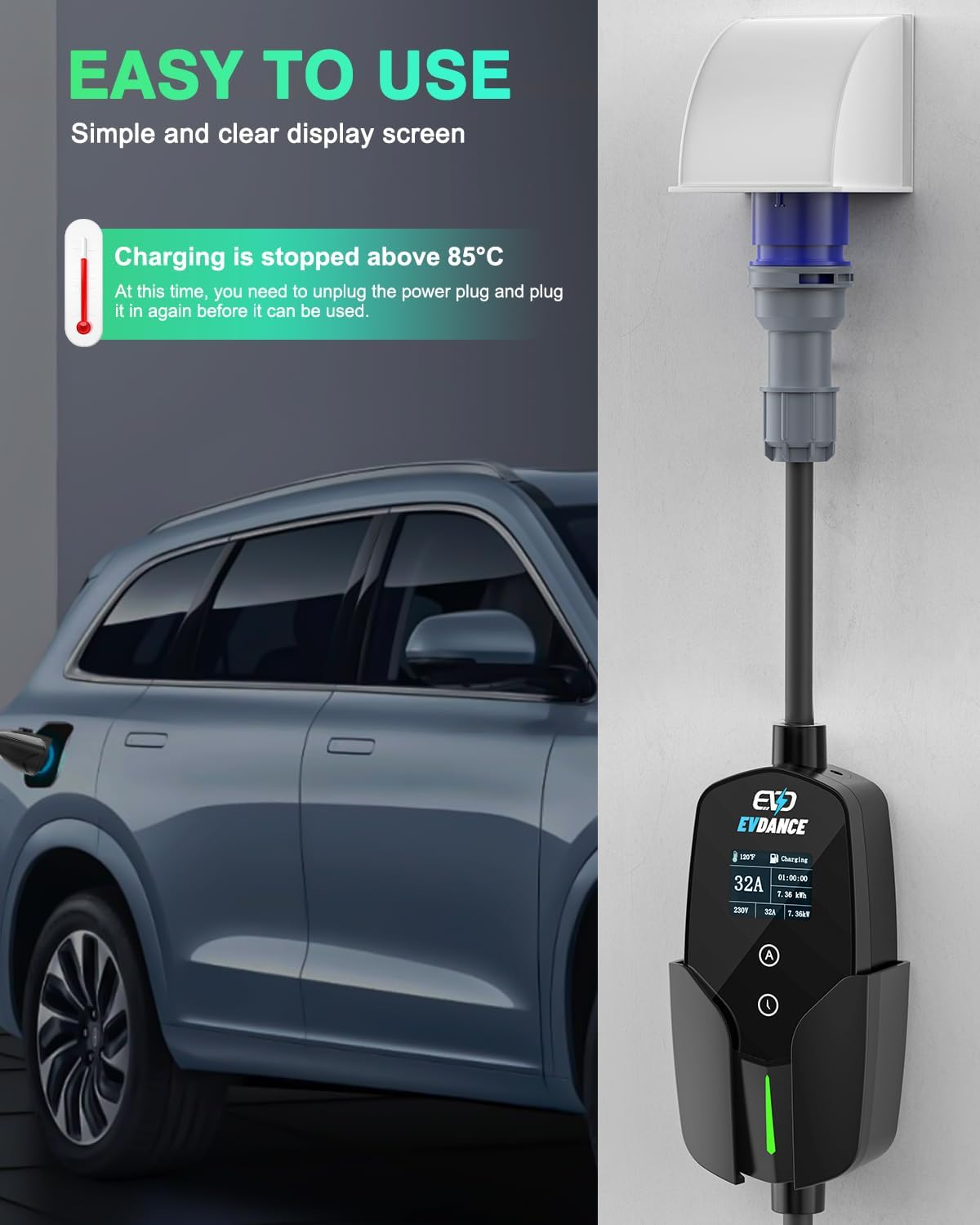 EVDANCE 32A Type 2 EV Charger  - огляд і ціна Portable Ev Charger 32A Type 2 Cee Plug