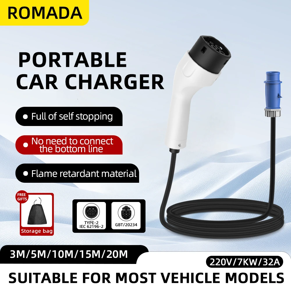 ROMADA Type2 IEC62196-2 For El - огляд і ціна Portable Ev Charger 32A Type 2 Cee Plug